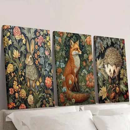 3pcs Bunny Fox Hedgehog with Flowers Wall Art Set Canvas Unframed - High Quality Print 100% Australian Made Wall Canvas