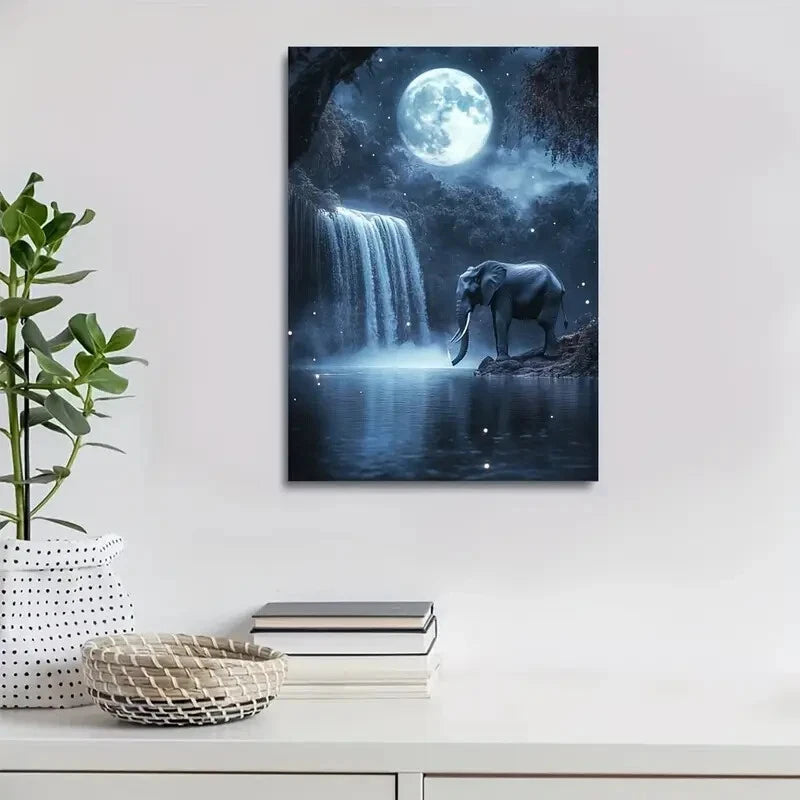 Dreamlike Elephant & Crystal Waterfall Scene Painting 40x60cm Metal Print Ready to Hang