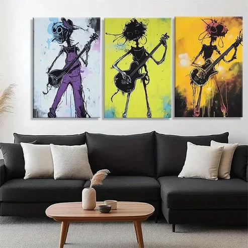 3pcs Funky Guitarist Skeleton Music Perfect Wall Art Canvas Unframed - High Quality Print 100% Australian Made Wall Canvas