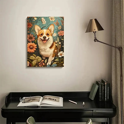 Cute Corgi Dog with Flowers & Plants 40x60cm Metal Print Ready to Hang