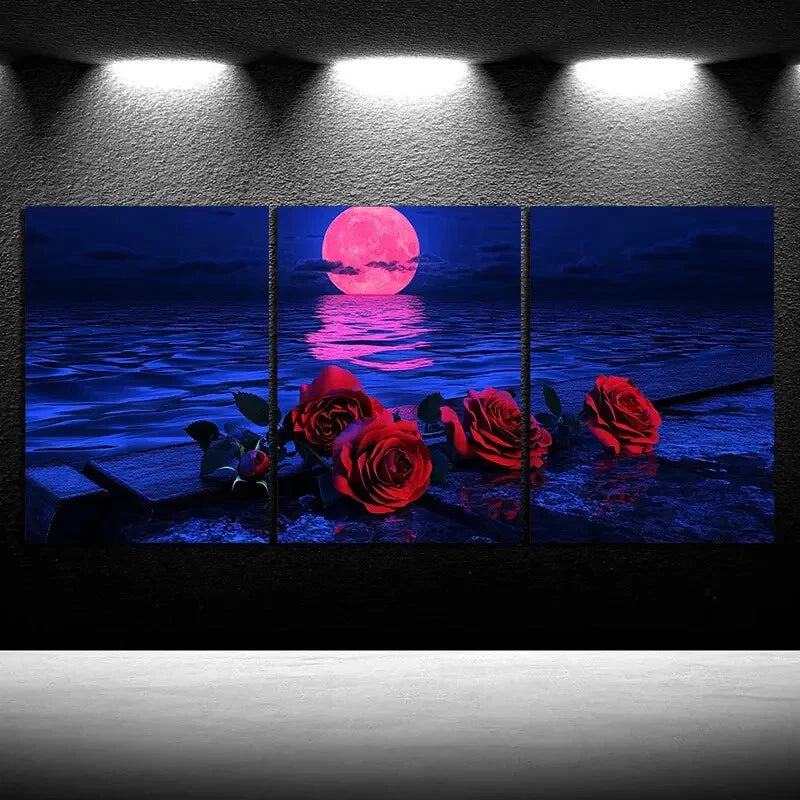 3pcs Rose Piano By The Sea Night View Metal Print Ready to Hang Art