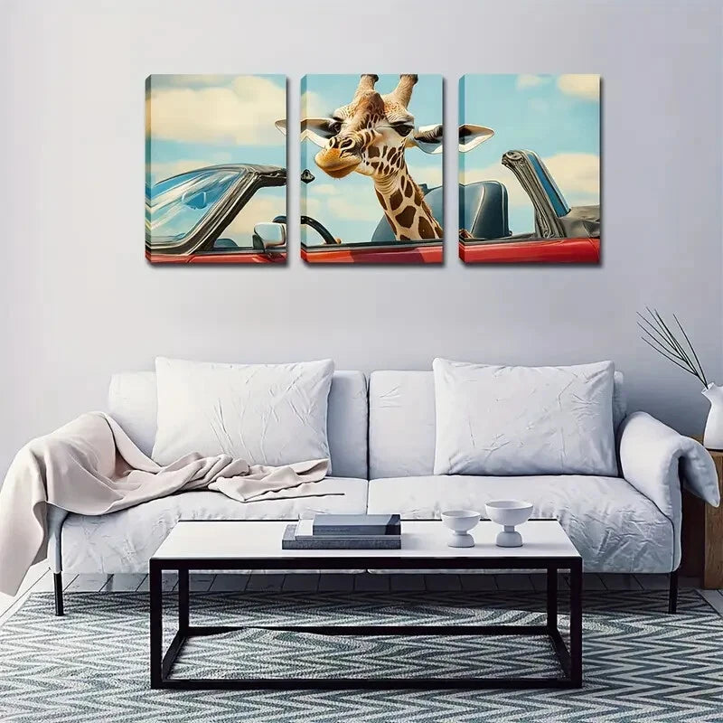 3pcs Whimsical Giraffe Red Convertible Perfect Wall Art Set Canvas Framed 40x60cm - High Quality Print 100% Australian Made Wall Canvas Ready to Hang