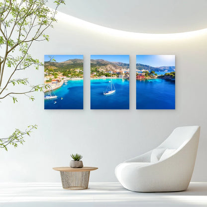 3pcs Colorful Houses Of Assos Village Bay Wall Art Set Canvas Framed 40x60cm - High Quality Print 100% Australian Made Wall Canvas Ready to Hang