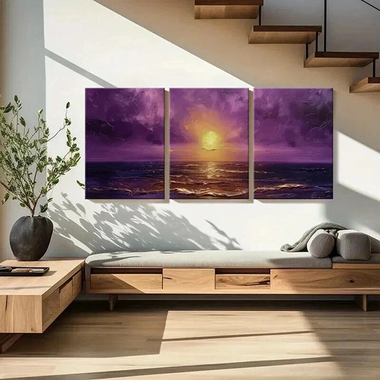 3pcs Sunset Over The Sea Purple Sky Golden Sun Wall Art Set Canvas Framed 40x60cm - High Quality Print 100% Australian Made Wall Canvas Ready to Hang