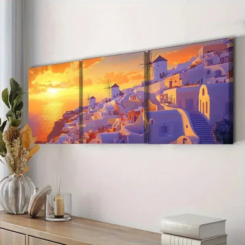 3pcs Beautiful Santorini Sunset View Perfect Wall Art Set Canvas Unframed - High Quality Print 100% Australian Made Wall Canvas