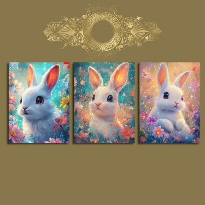 3pcs Vibrant Rabbit Series Linen Paintings Metal Print Ready to Hang Art