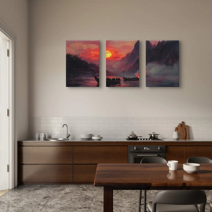 3pcs Classical Sunset River Boats Painting Wall Art Set Canvas Framed 40x60cm - High Quality Print 100% Australian Made Wall Canvas Ready to Hang