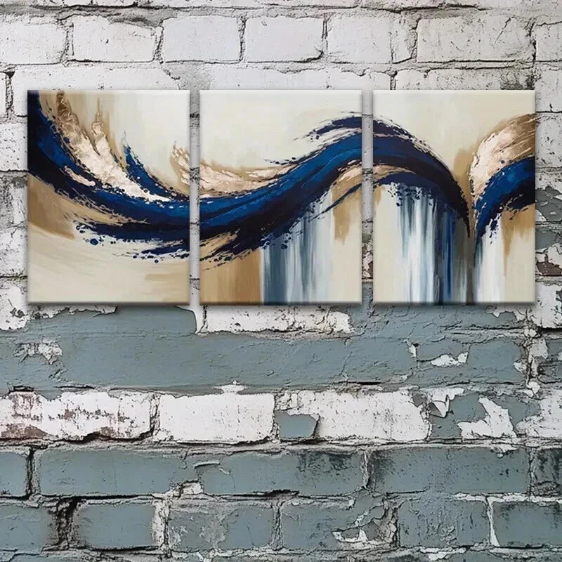 3pcs Contemporary Abstract Blue Golden Perfect Wall Art Set Canvas Framed 40x60cm - High Quality Print 100% Australian Made Wall Canvas Ready to Hang