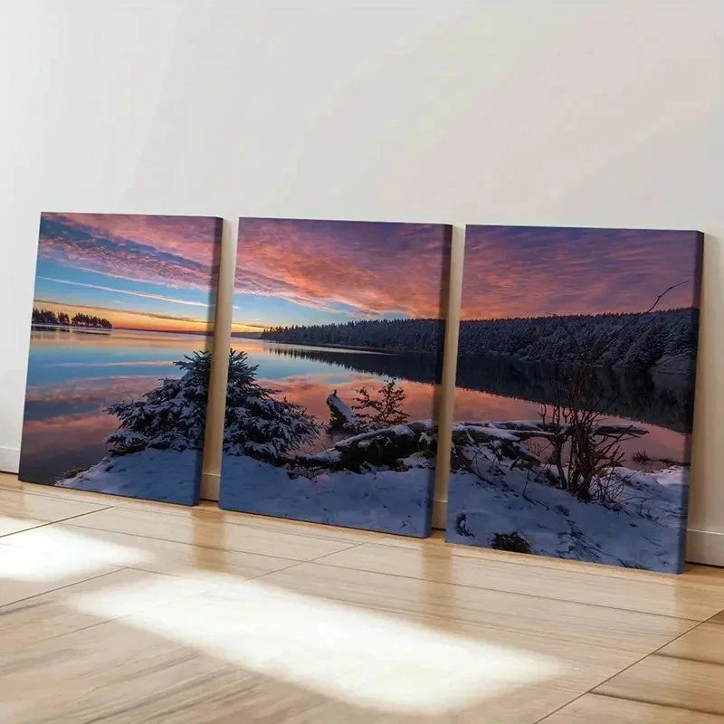 3pcs Forest Snow Scene Mountain Lake Wall Art Set Canvas Framed 40x60cm - High Quality Print 100% Australian Made Wall Canvas Ready to Hang
