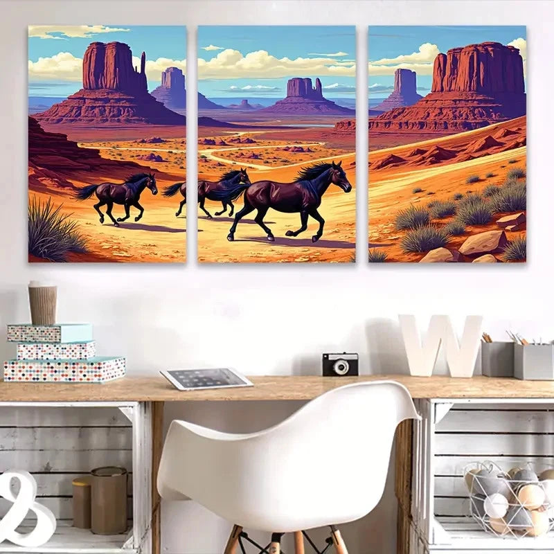 3pcs Desert Horses in Red Rock Landscape Wall Art Set Canvas Framed 40x60cm - High Quality Print 100% Australian Made Wall Canvas Ready to Hang