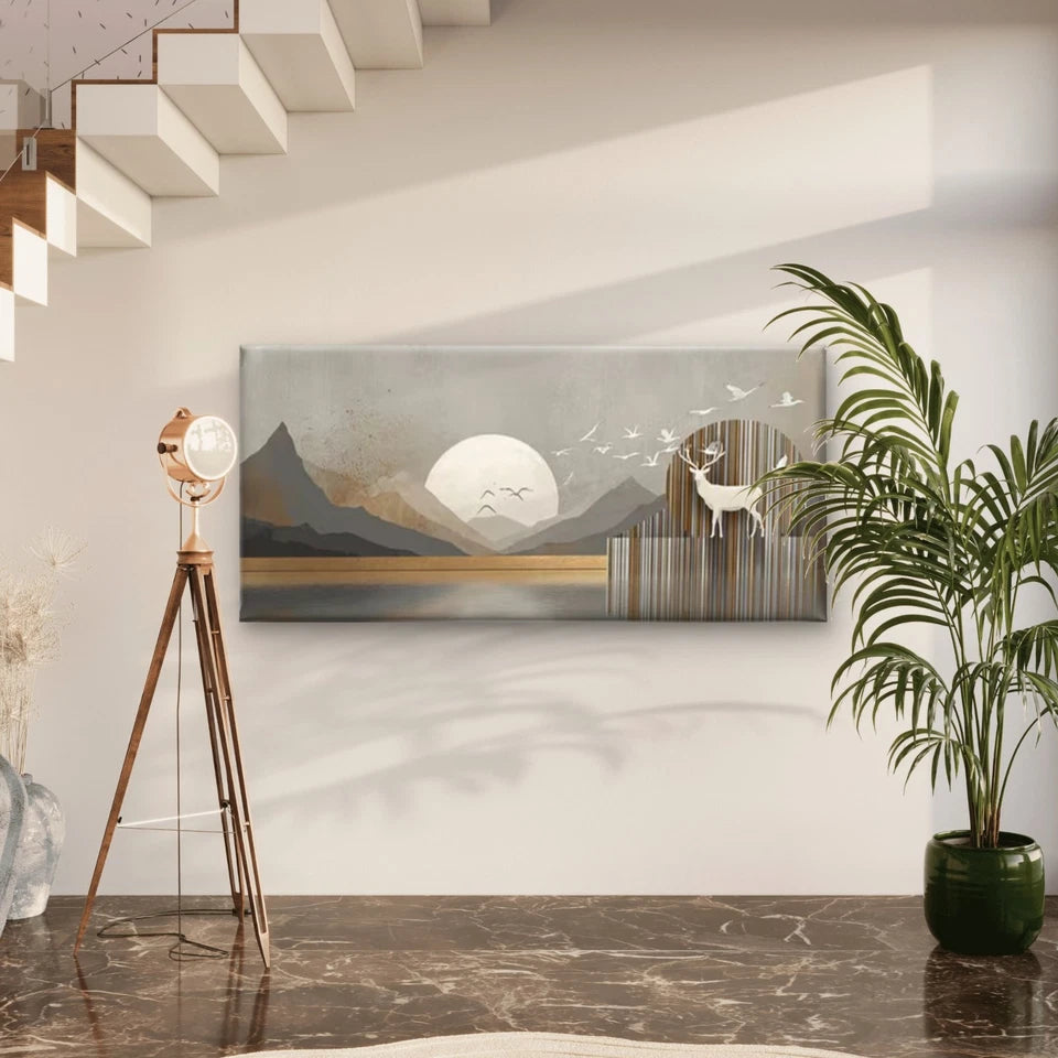 Minimalist Mountain Lake & Deer Wall Art Canvas Office Home Room Framed 120x60cm