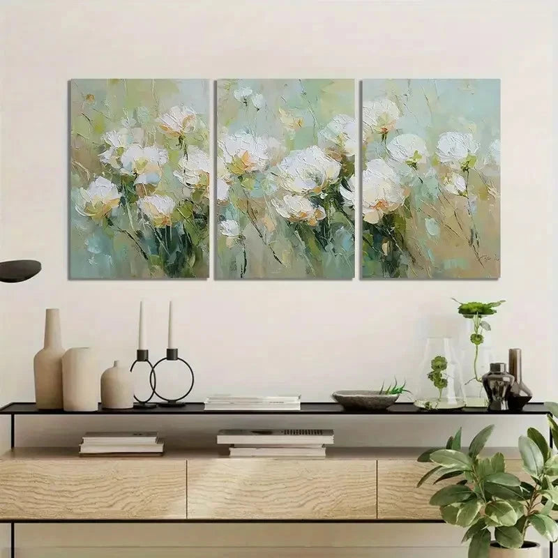 3pcs White Flower Study in Soft Green-Beige Metal Print Ready to Hang Art