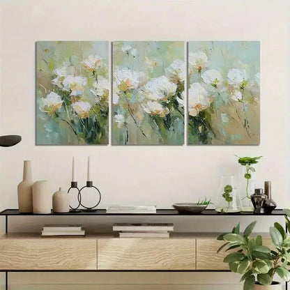 3pcs White Flower Study in Soft Green-Beige Metal Print Ready to Hang Art