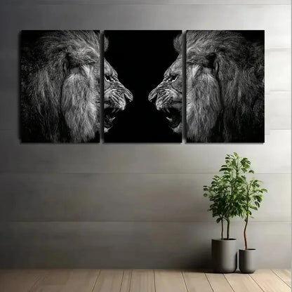 3pcs Angry Lions Dramatic Lighting Black Metal Print Ready to Hang Art