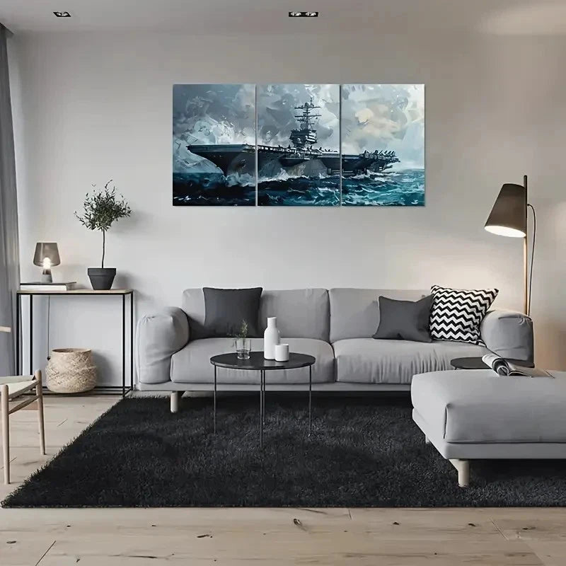 3pcs Naval Ship in Stormy Seas Metal Print Ready to Hang Art