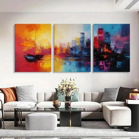 3pcs Vibrant Abstract Cityscape Sunset Perfect Wall Art Set Canvas Framed 40x60cm - High Quality Print 100% Australian Made Wall Canvas Ready to Hang