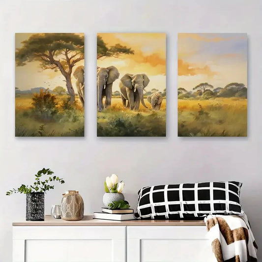 3pcs Majestic Elephants Nature Wildlife Wall Art Set Canvas Framed 60x90cm - High Quality Print 100% Australian Made Wall Canvas Ready to Hang