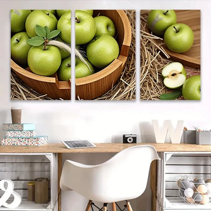 3pcs Wooden Bowl with Green Apples Wall Art Set Canvas Framed 40x60cm - High Quality Print 100% Australian Made Wall Canvas Ready to Hang