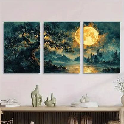3pcs Enchanting Night Scene with Full Moon Metal Print Ready to Hang Art