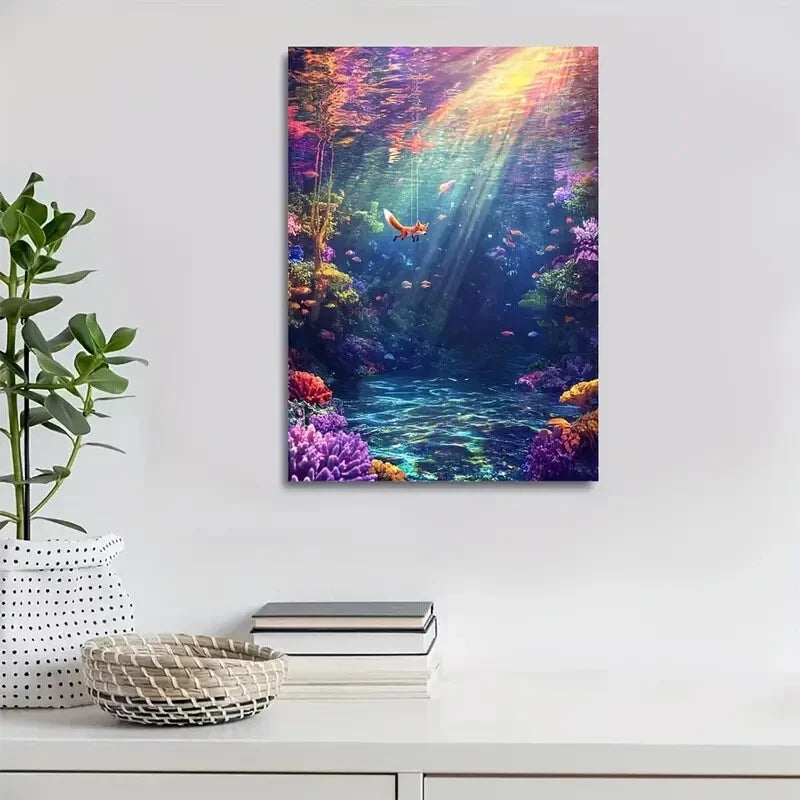 Fantasy Fox Swinging in Underwater Coral Painting 40x60cm Metal Print Ready to Hang