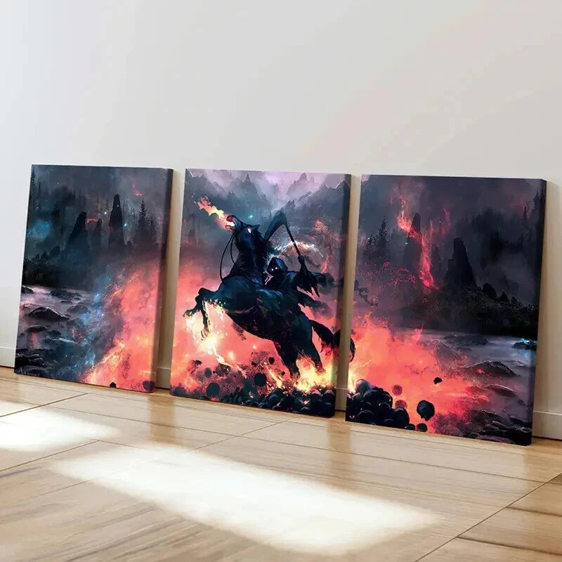 3pcs Grim Reaper on Black Horses Vintage Wall Art Set Canvas Framed 40x60cm - High Quality Print 100% Australian Made Wall Canvas Ready to Hang