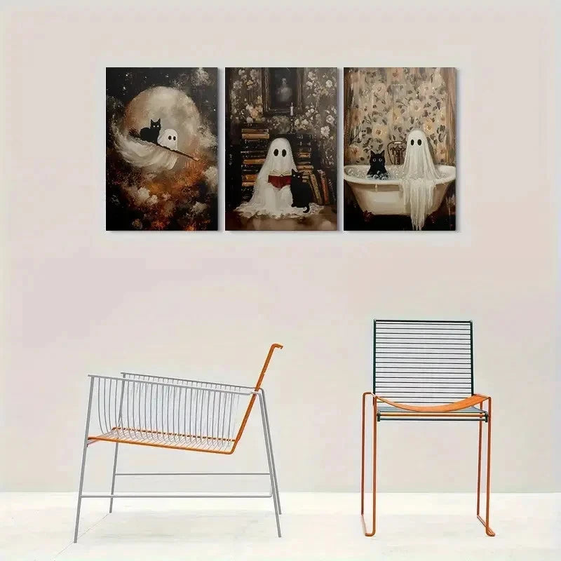 3pcs Black Cat Ghost Halloween Wall Painting Metal Print Ready to Hang Art