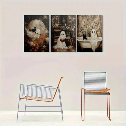 3pcs Black Cat Ghost Halloween Wall Painting Metal Print Ready to Hang Art