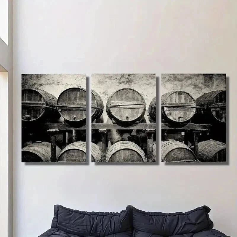 3pcs Wine Barrels Stacked in a Vintage Winery Wall Art Set Canvas Framed 40x60cm - High Quality Print 100% Australian Made Wall Canvas Ready to Hang