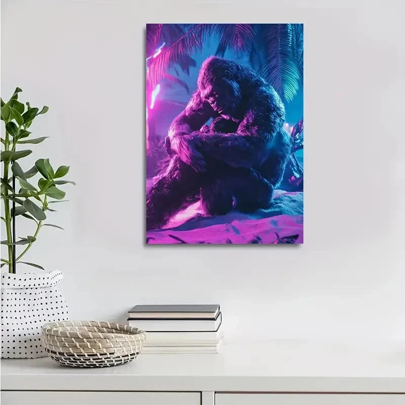 Vibrant Cyberpunk Gorilla Scene with Neon Painting 40x60cm Metal Print Ready to Hang