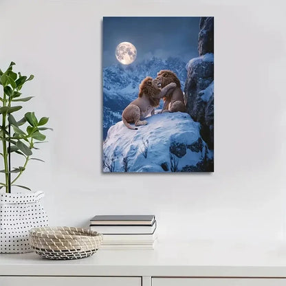 Dreamlike Lion Cubs Snowy Mountain Painting 40x60cm Metal Print Ready to Hang