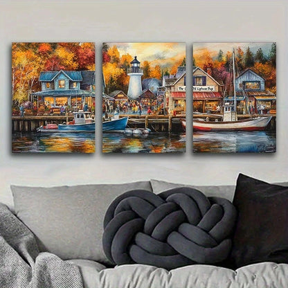 3pcs A Colorful Fishing Village Metal Print Ready to Hang Art