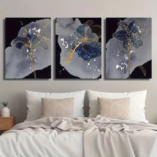 3pcs Vibrant Blue & Golden Botanical Flower Metal Print Ready to Hang Art