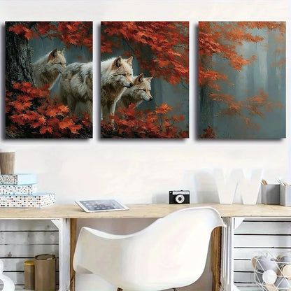 3pcs Vibrant Autumn Forest Red And Golden Leaves Metal Print Ready to Hang Art