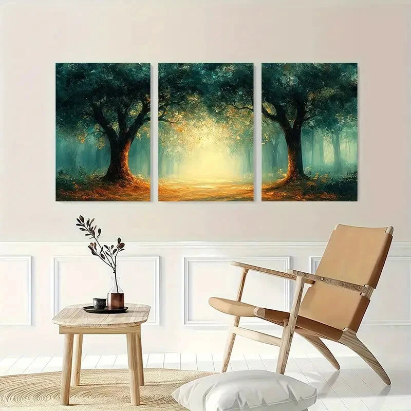 3pcs Abstract Forest Painting with Green Golden Metal Print Ready to Hang Art