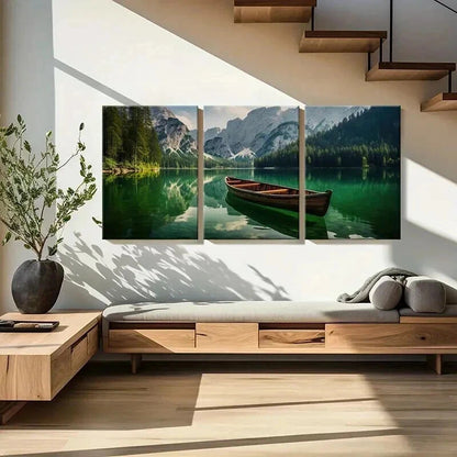 3pcs Green Tranquil Lake Scene with Boat Wall Art Set Canvas Framed 40x60cm - High Quality Print 100% Australian Made Wall Canvas Ready to Hang