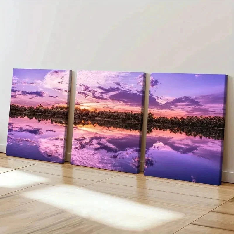 3pcs Purple Sky Lake and Mountain Scenery Wall Art Set Canvas Framed 40x60cm - High Quality Print 100% Australian Made Wall Canvas Ready to Hang