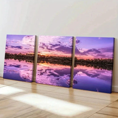 3pcs Purple Sky Lake and Mountain Scenery Wall Art Set Canvas Framed 40x60cm - High Quality Print 100% Australian Made Wall Canvas Ready to Hang