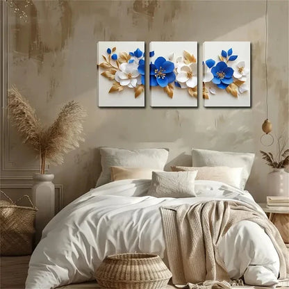 3pcs Blue & White Floral Design Triptych Perfect Wall Art Canvas Unframed - High Quality Print 100% Australian Made Wall Canvas