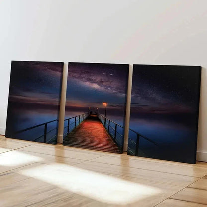 3pcs Starry Sky Night Scene Lake Bridge Wall Art Set Canvas Framed 40x60cm - High Quality Print 100% Australian Made Wall Canvas Ready to Hang