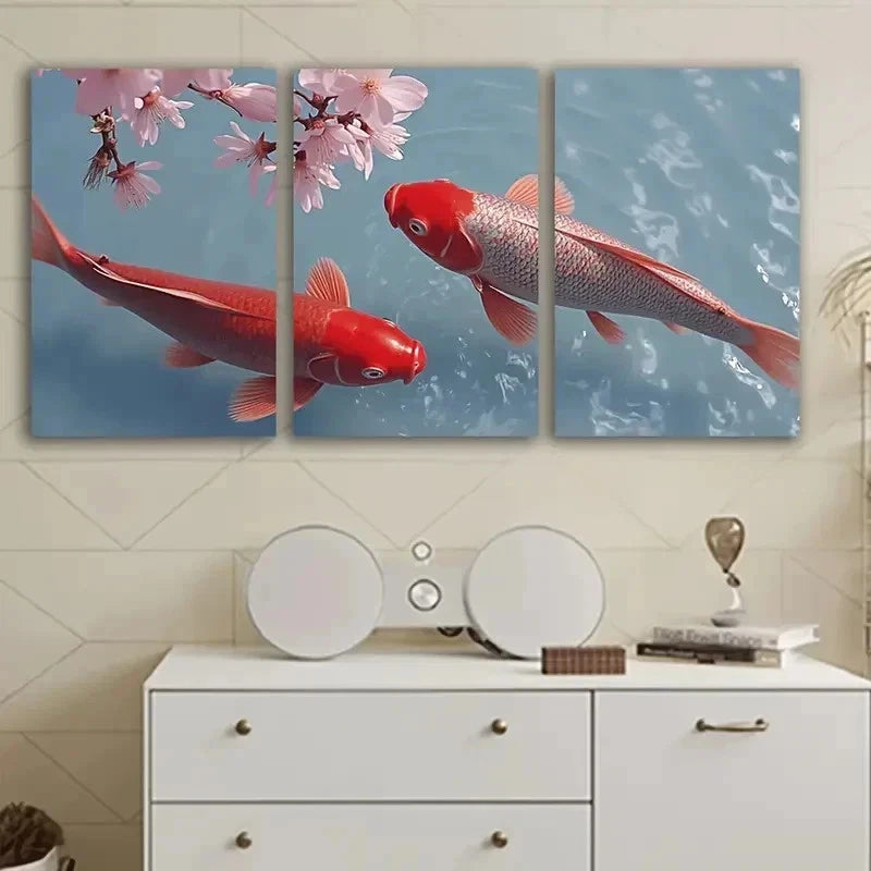 3pcs Red Koi Fish And Cherry Blossoms Wall Art Set Canvas Framed 60x90cm - High Quality Print 100% Australian Made Wall Canvas Ready to Hang