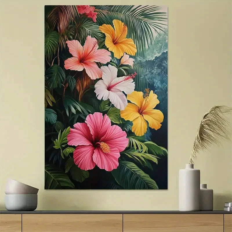 Tropical Hibiscus and Palm Leaf Floral Poster 40x60cm Metal Print Ready to Hang