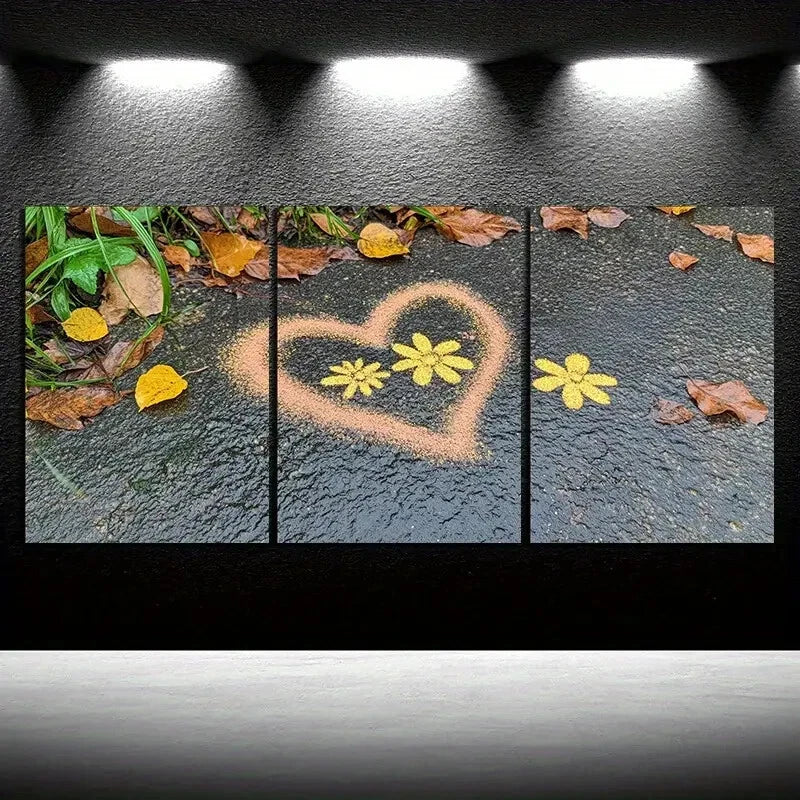 3pcs Love Made of Leaves Yellow Flowers Metal Print Ready to Hang Art
