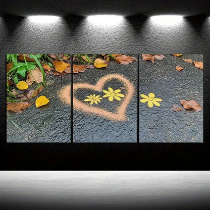 3pcs Love Made of Leaves Yellow Flowers Metal Print Ready to Hang Art