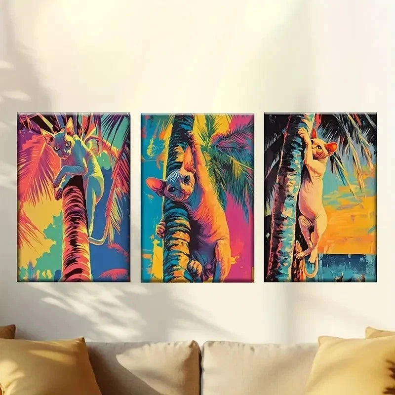 3pcs palm trees with colorful colors Wall Art Set Canvas Framed 60x90cm - High Quality Print 100% Australian Made Wall Canvas Ready to Hang