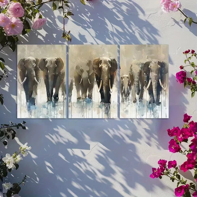 3pcs Prehistoric Wildlife Mammoth Herd Metal Print Ready to Hang Art