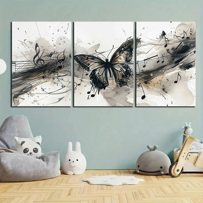 3pcs Ink Butterfly Modern Abstract Musical Notes Metal Print Ready to Hang Art