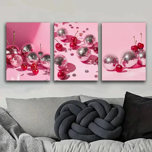 3pcs Cherries & Disco Balls Delicious Perfect Wall Art Set Canvas Unframed - High Quality Print 100% Australian Made Wall Canvas