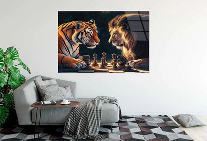 Tiger and Lion Playing Chess Glass Printing Wall Art Australian Made Quality