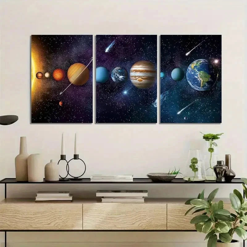 3pcs Vibrant Space Art with Planets & Stars Metal Print Ready to Hang Art