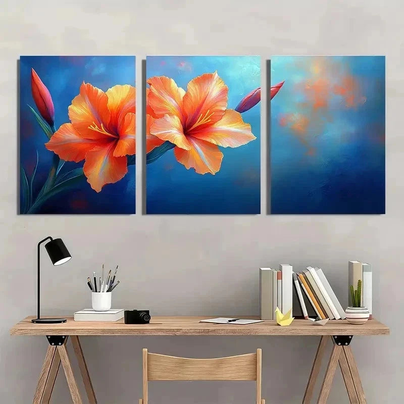 3pcs Vibrant Orange & Blue Floral Perfect Wall Art Set Canvas Framed 40x60cm - High Quality Print 100% Australian Made Wall Canvas Ready to Hang